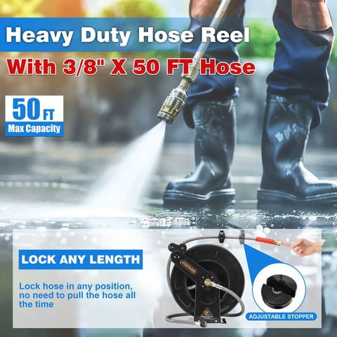 Pressure Washer Hose Reel With 50 Ft Three Eighths Inch Wire Braided Hose For Hot And Cold Water Auto Retractable Heavy Duty Reel 4000 PSI Black Ideal For Home DIY Garage Or Shop Use shown in action, spraying water.