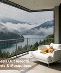 Open Weave Shade Cloth Mesh Tarp With Grommets 6x8 Ft Heavy Duty All Purpose Backyard Shade installed on patio with view.
