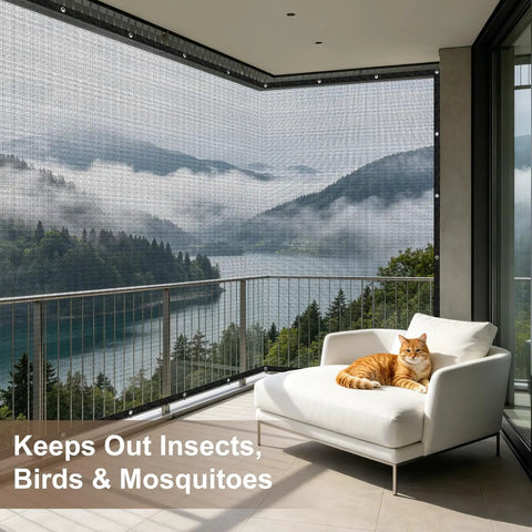 Open Weave Shade Cloth Mesh Tarp With Grommets 6x8 Ft Heavy Duty All Purpose Backyard Shade installed on patio with view.