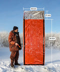Person holding Emergency Survival Sleeping Bags 2 Pack For Cold Weather Camping And Outdoor Rescue Mylar Thermal Bivy Sack
