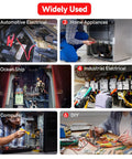 Collage of six images showing the use of 6 Gauge Wire Butt Connectors Kit for automotive, home, marine, industrial, computer, and DIY projects