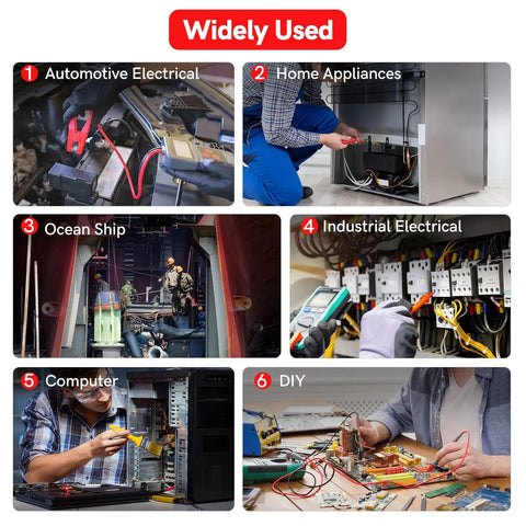 Collage of six images showing the use of 6 Gauge Wire Butt Connectors Kit for automotive, home, marine, industrial, computer, and DIY projects