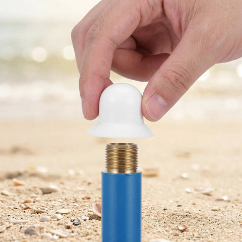 Get Your Patio Umbrella Looking Like New With These Durable White Plastic Top Cap Replacement Kits Perfect For Wind Weather Resistance And Easy Outdoor Sun Shade Maintenance Upgrades For Fishing Or Garden Vibes. White plastic umbrella top cap on brass threaded pole, beach use
