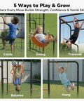 Kids playing on outdoor jungle gym with monkey bars frame 5 in 1 heavy duty metal swing set for backyard with climbing net and rope.