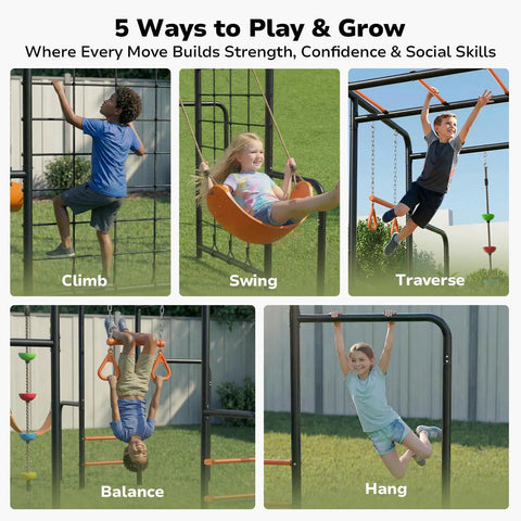 Kids playing on outdoor jungle gym with monkey bars frame 5 in 1 heavy duty metal swing set for backyard with climbing net and rope.