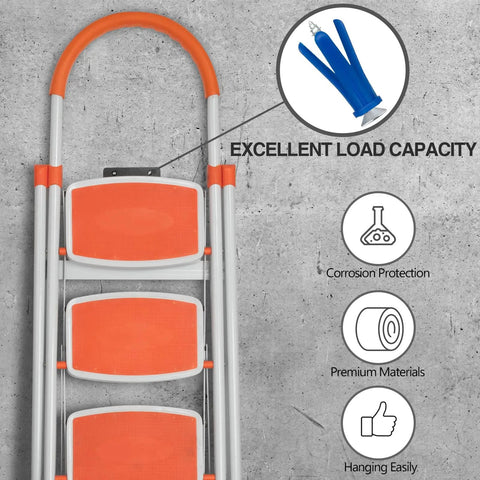 Orange step ladder with focus on blue Heavy Duty Concrete Anchors And Screws Kit For Drywall Masonry And Brick 180 Piece Wall Hanger Set With 90 Drywall Anchors And 90 Flat Head Screws Includes Drill Bit For Picture Frames And Wall Decor, showing load capacity and features.