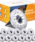 Solar Ground Lights 12 Pack Waterproof Outdoor Pathway Lights With 12 LEDs Bright White Illumination For Yard Walkway Garden Driveway Easy Solar Powered Durable Landscape Lighting displayed with packaging