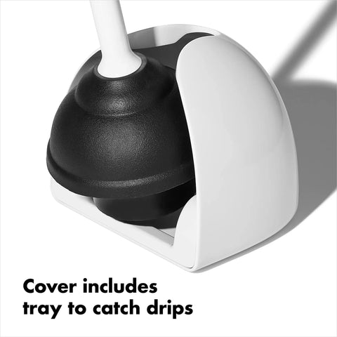Hassle Free Toilet Plunger With Drip Proof Cover For Zero Mess And Easy Under Sink Storage featuring a black plunger with white cover.