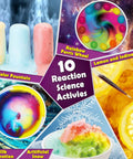 Image showcasing 10 reaction science activities from 30 Plus Experiments Science Kit For Kids With Lab Coat Chemistry Set And STEM Toys.