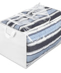 Zippered Jumbo Storage Bag With Clear Window Extra Large 34 Gallon Organizer filled with bedding, showing clear panel and handles