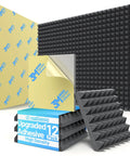 12 Pack Soundproof Foam Panels Ditch The Echo Now With Self Adhesive Peel And Stick Ultra High Density Wall Acoustic Tiles stacked with adhesive backing.