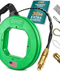 Fairmo 98.5 Ft Fish Tape With Extra Adapters Heavy Duty Pet Fiber Wire Puller Tool Kit, green reel with ergonomic handle and accessories.