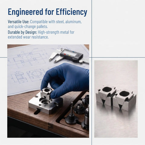 Premium CNC Machining Center Side Clamp With Precision Wedge Stop Block For Milling Operations, shown in use with designs.