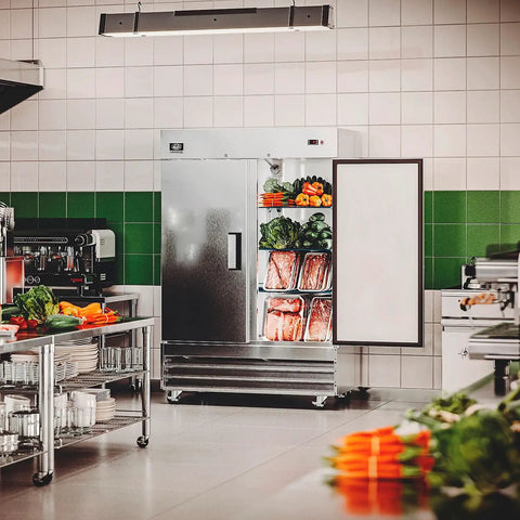 Industrial Reach In Refrigerator With 47 Cu Ft Hella Spacious Double Solid Doors Commercial Grade Stainless Steel Build For Breakrooms, filled with fresh produce and meats.