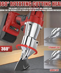 Brushless Cordless Metal Shears With 360 Degree Pivoting Head High Torque Cutting Tool Compatible With Milwaukee 18v Batteries demonstrating 360° rotating cutting head.