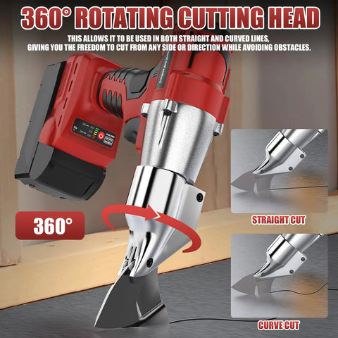 Brushless Cordless Metal Shears With 360 Degree Pivoting Head High Torque Cutting Tool Compatible With Milwaukee 18v Batteries demonstrating 360° rotating cutting head.