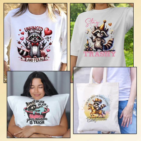 Sixteen Cute Raccoon Iron On Patches For T Shirts Bags And More Ready To Press Heat Transfer Vinyl Stickers set on shirts and pillowcase