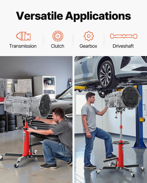 Half Ton Hydraulic Transmission Jack With 1100 Lb Capacity, 33.5 To 67 Inch Lift Range, 2 Stage Telescoping Design, Foot Pedal Release, 360 Degree Swivel Wheels, Car And Light Truck Transmission Lift, Red