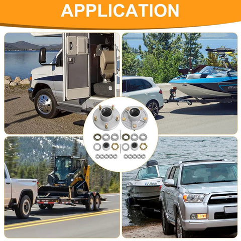 Heavy Duty 2000 Lb Galvanized Trailer Idler Hub Kit for various towing applications and uses shown in a collage format.