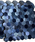 Metal Peel And Stick Backsplash Tiles 10 Sheets Aluminum Hexagon Mosaic Sticker For Kitchen Walls Frosted 3D Texture Dark Blue 11.02 x 11.5 Inches Each Easy Install Durable Modern Home Decor, showcasing dark blue aluminum hexagon tiles stacked together.