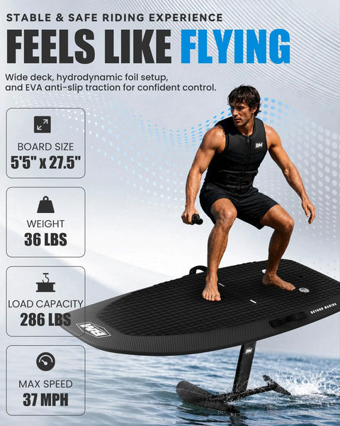 Man riding 8000W Electric Efoil Surfboard With Wireless Remote High Speed Hydrofoil Board For Adults Supports Up To 286 Lbs Rechargeable Battery Easy Launch Fly Above Water At Gnarly Speeds