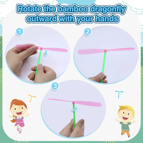 Hand Helicopter Set For Kids Ages 8 To 12 With 200 Pieces 100 Propellers And 100 Rods Bamboo Dragonfly Aero Props Flying Disc Launcher Outdoor Toy Totally Fun Easy Assemble Party Favors Kid Friendly instructions showing rotation of bamboo dragonfly with hands