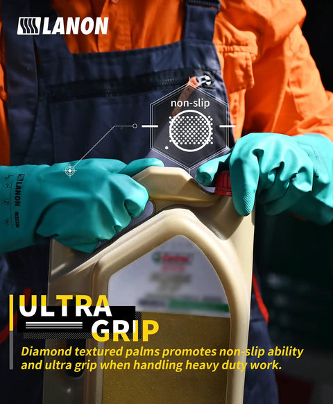 Hands wearing 3 Pairs Nitrile Chemical Resistant Gloves Heavy Duty Reusable Rubber Work Gloves With Acid Alkali Oil Protection Non Slip Grip Ergonomic Design Large For Tough Jobs holding a container