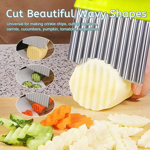 Front view of stainless steel 2-in-1 crinkle cutter and fry cutter slicing a potato into crinkle fries.