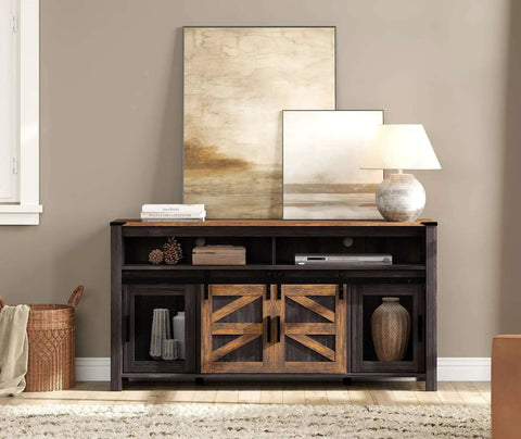 Farmhouse Buffet Cabinet With Sliding Barn Doors And Mesh Doors For A No Fuss Coffee Bar Setup, 59 inch storage unit, antique black and brown finish