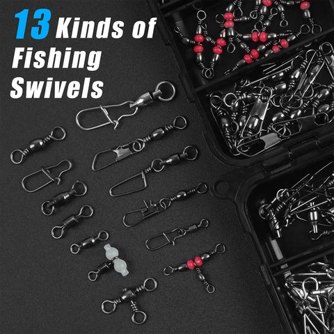 Ultimate Fishing Swivels Kit With Ball Bearing And Rolling Barrel Swivels, Crossline Three Way Swivels, Duo Lock And Coast Lock Snaps, Crane Barrel Options, Pro Grade High Strength Connectors For Bass, Trout, Saltwater And Freshwater, 13-piece kit