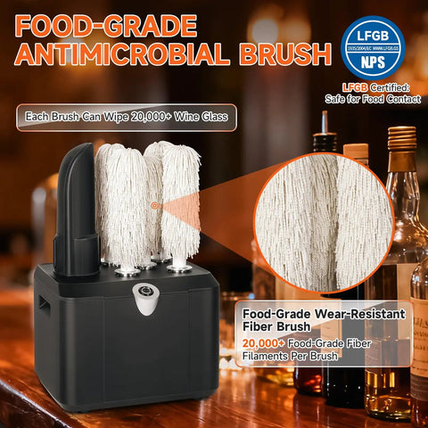 Commercial Glass Polisher And Bar Washer Delivers Crisp Spotless Shine With Smart Warm Air Blast Paired With Food Safe Bristles Handling Three Hundred Thirty Glasses Hourly A Total Hustle Saver For Busy Bars, showing food-grade antimicrobial brushes.