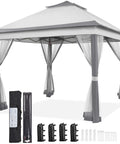 Easy Up 11x11 Pop Up Gazebo Shelter With 4 Sandbags, Instant Patio Canopy Tent shown with mesh netting and accessories, gray.