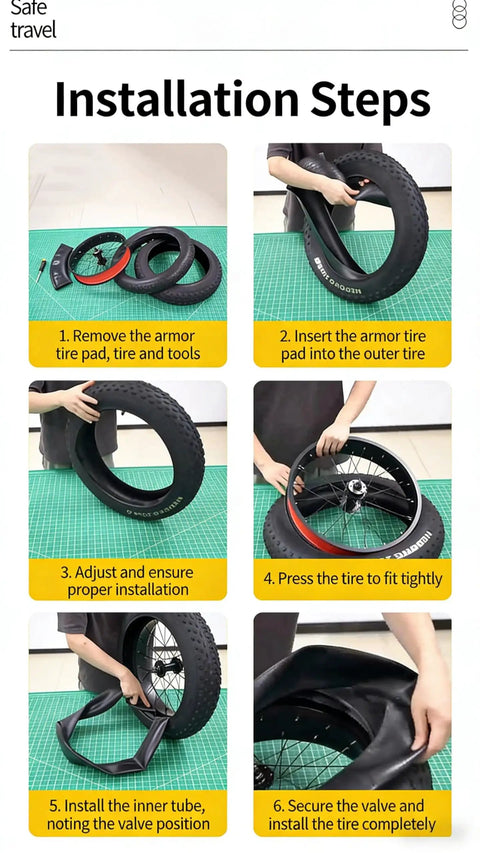 Step-by-step installation of 20x4 Fat Bike Tire with beefed-up armor protector for E-bikes and gravel rides.