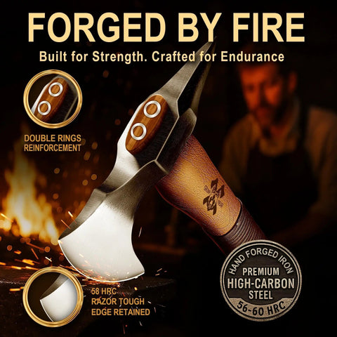 15 Inch Camping Hatchet Survival Axe With Sheath High Carbon Steel Blade close-up, wood handle, forged by fire
