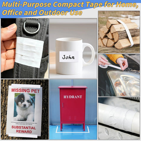 Collage of Grab And Go Pocket Size Mini White Duct Tape Pack 5 Rolls Of 1 Inch By 15 Yards Each Portable Heavy Duty Waterproof Tape applications