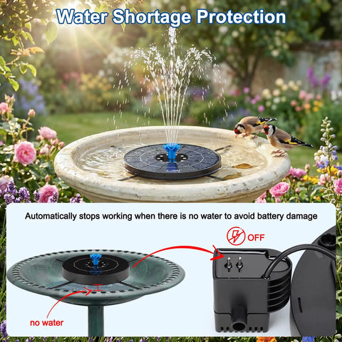 Solar Fountain Pump For Bird Bath With 3 Spray Height Adjustments Upgraded Glass Panels LED Lights 6 Nozzles Water Shortage Protection