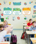 Science Bulletin Board Set With Colorful Lab Cutouts And Scientist Posters displayed in classroom, students seated