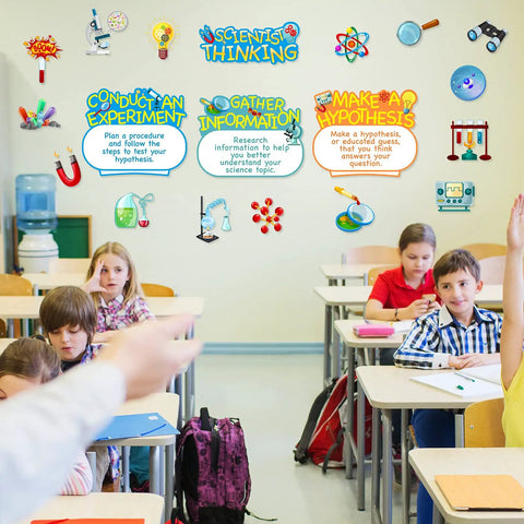 Science Bulletin Board Set With Colorful Lab Cutouts And Scientist Posters displayed in classroom, students seated