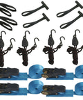 Heavy Duty Ratchet Tie Downs 4 Pack 12 Ft Each 1000 Lb Break Strength For Securing Canoes Kayaks Paddleboards Skis And Gear During Moving And Travel With Easy Quick Release Latch, shown with hooks and straps