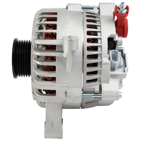 Side view of Replacement Alternator For Crown Victoria Lincoln Town Car Grand Marquis Four Point Six Liter V8 2003 To 2011 Drop-In Ready OE Style Auto Part With Precise Output Compatible With 3W1U-10300-BB 3W1Z-10346-BA showing connectors.