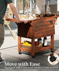 54 Quart Wooden Patio Cooler Cart With Wheels And Foldable Side Shelves Bottle Opener And Bottom Storage Insulated Beverage Cooler