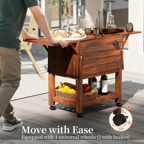 54 Quart Wooden Patio Cooler Cart With Wheels And Foldable Side Shelves Bottle Opener And Bottom Storage Insulated Beverage Cooler