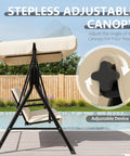 Outdoor Porch Swing With Adjustable Canopy, 3 Seat Patio Swing on sturdy stand showing adjustment knob and canopy angle feature.