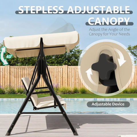 Outdoor Porch Swing With Adjustable Canopy, 3 Seat Patio Swing on sturdy stand showing adjustment knob and canopy angle feature.