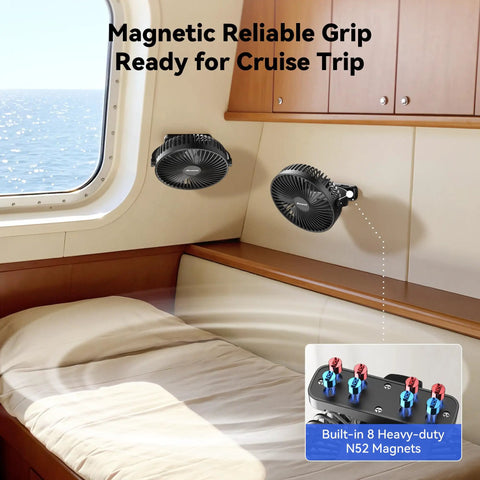 Top Shelf Magnetic Rechargeable Travel Fan For Golf Carts And Cruise Ships 10000Mah Battery, securely attached in cabin with strong magnets.