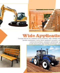 Collage showing yellow excavator, wooden house construction, park bench, and blue tractor for carriage bolt application use.