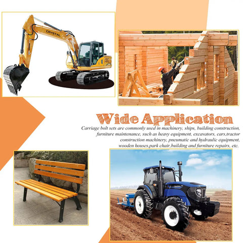 Collage showing yellow excavator, wooden house construction, park bench, and blue tractor for carriage bolt application use.