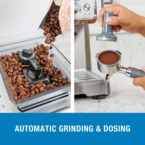 Barista Grade Home Espresso Machine With 9 Bar Pressure Automatic Coffee Maker showing bean grinder and manual tamper in action.