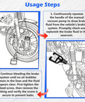 BELEY motorcycle brake bleeder kit usage diagram showing 1L bottle, hose, and front brake bleed setup