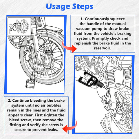 BELEY motorcycle brake bleeder kit usage diagram showing 1L bottle, hose, and front brake bleed setup